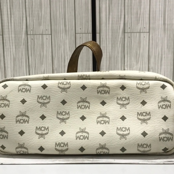 MCM Tote Bag White Logo Visetos Canvas Leather Trim Shoulder Bag - Picture 7 of 16